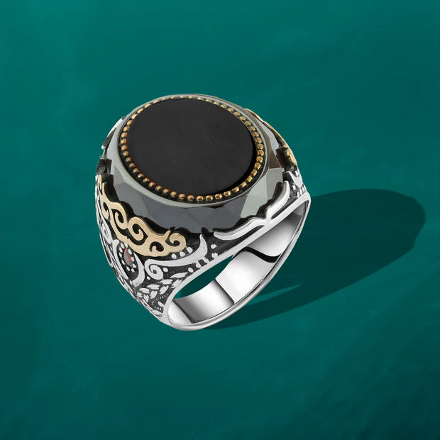 Men’s Silver Ring with Black Onyx and Oriental Gold Detailing