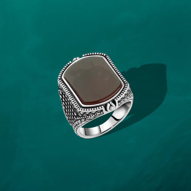 Men's Silver Ring with Red Agate Stone and Engraved Traditional Patterns