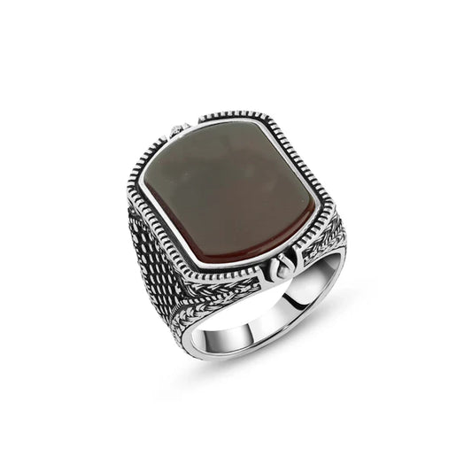 Men's Silver Ring with Red Agate Stone and Engraved Traditional Patterns